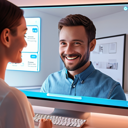 **

A futuristic customer service scenario: A friendly AI chatbot avatar interacts with a happy customer via a holographic display. The setting is a modern, minimalist home office with warm lighting. The focus is on seamless, personalized assistance and a sense of ease. Key elements: AI avatar, holographic display, happy customer, modern office, warm lighting, personalized experience. Colors should be vibrant and inviting. Aim for a sense of trust and technological advancement.

**