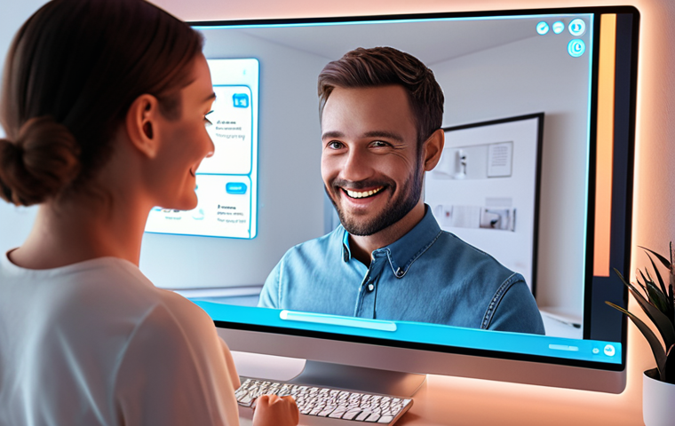 **

A futuristic customer service scenario: A friendly AI chatbot avatar interacts with a happy customer via a holographic display. The setting is a modern, minimalist home office with warm lighting. The focus is on seamless, personalized assistance and a sense of ease. Key elements: AI avatar, holographic display, happy customer, modern office, warm lighting, personalized experience. Colors should be vibrant and inviting. Aim for a sense of trust and technological advancement.

**