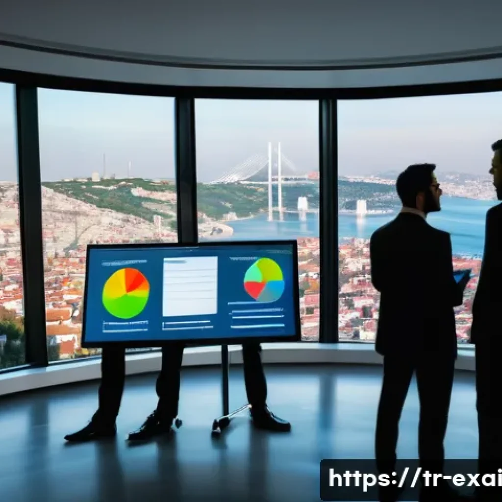 설명 가능한 AI의 비즈니스 성과 측정 - A modern Turkish corporate office environment showcasing a diverse team of business professionals an...