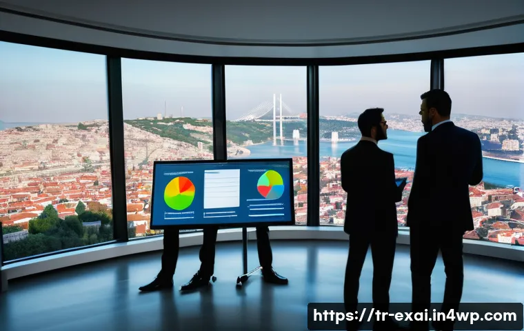설명 가능한 AI의 비즈니스 성과 측정 - A modern Turkish corporate office environment showcasing a diverse team of business professionals an...