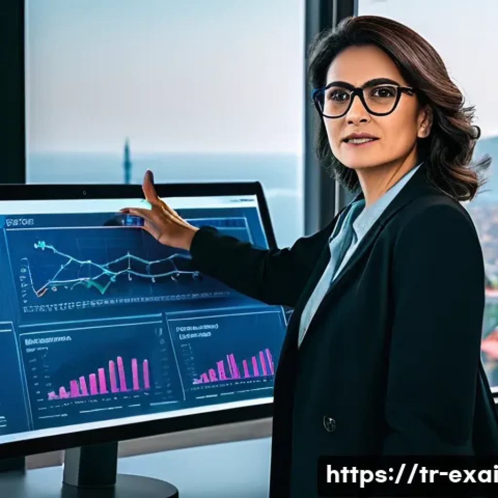 설명 가능한 AI의 데이터 마이닝 기법 - An interactive data scientist workspace scene showing a middle-aged Turkish professional woman weari...