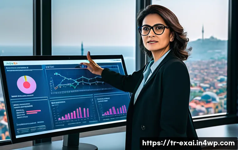 설명 가능한 AI의 데이터 마이닝 기법 - An interactive data scientist workspace scene showing a middle-aged Turkish professional woman weari...