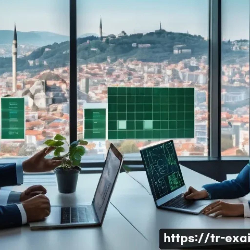 설명 가능한 AI의 알고리즘 해석 - A modern Turkish bank office scene with diverse professionals analyzing transparent digital screens ...