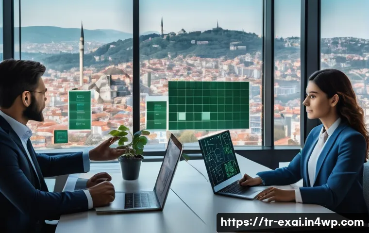 설명 가능한 AI의 알고리즘 해석 - A modern Turkish bank office scene with diverse professionals analyzing transparent digital screens ...