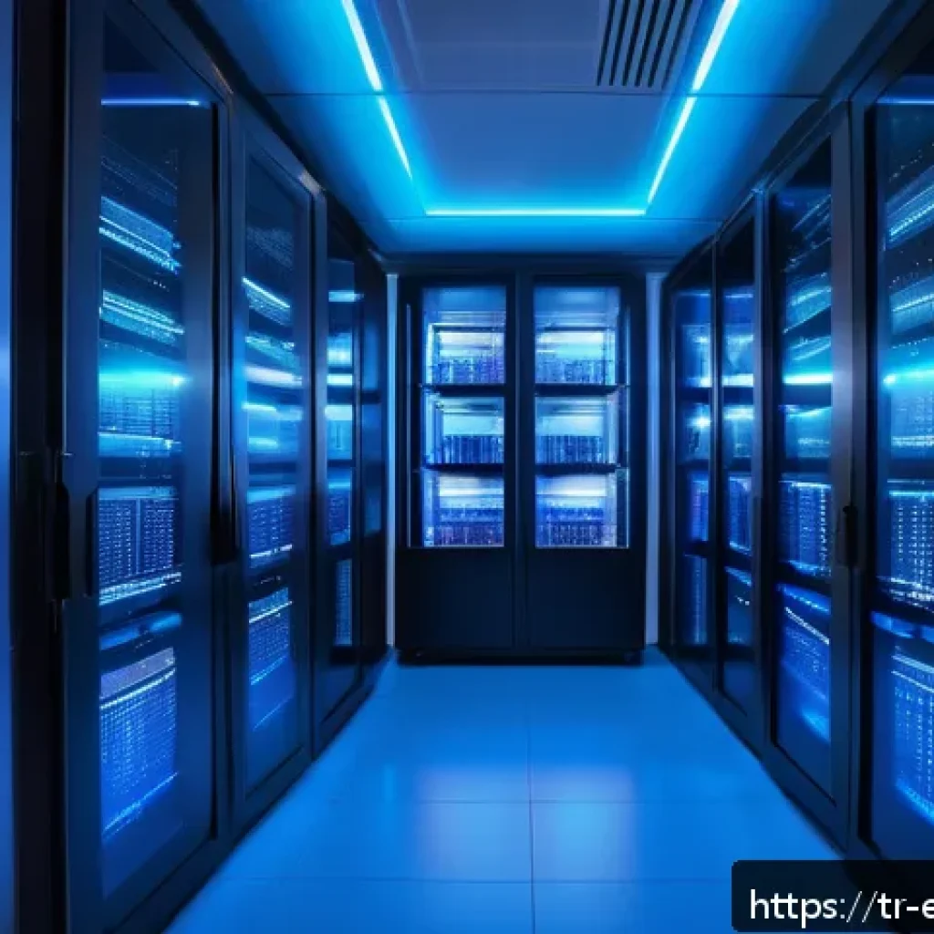 설명 가능한 AI와 클라우드 컴퓨팅 - A modern cloud computing data center room filled with racks of servers illuminated by cool blue and ...