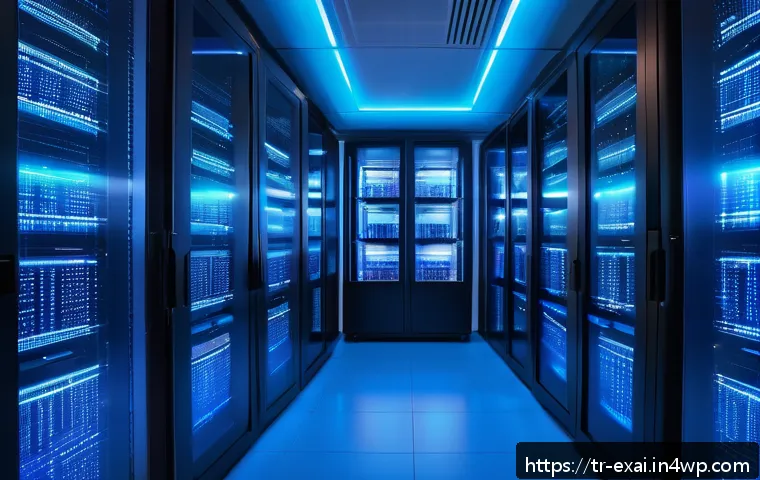 설명 가능한 AI와 클라우드 컴퓨팅 - A modern cloud computing data center room filled with racks of servers illuminated by cool blue and ...